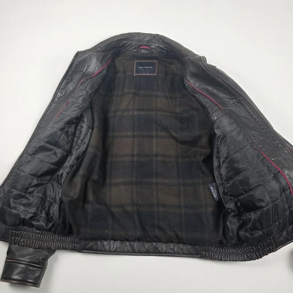 Tommy Hilfiger Jacket Mens Medium Brown Leather Bomber Plaid Lined Full Zip